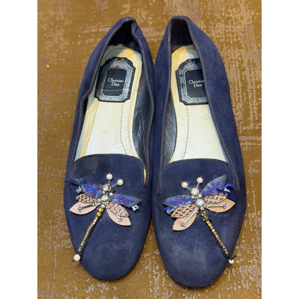 Christian Dior Navy Suede Dragonfly Embellished Loafers Flats Blue Size 36